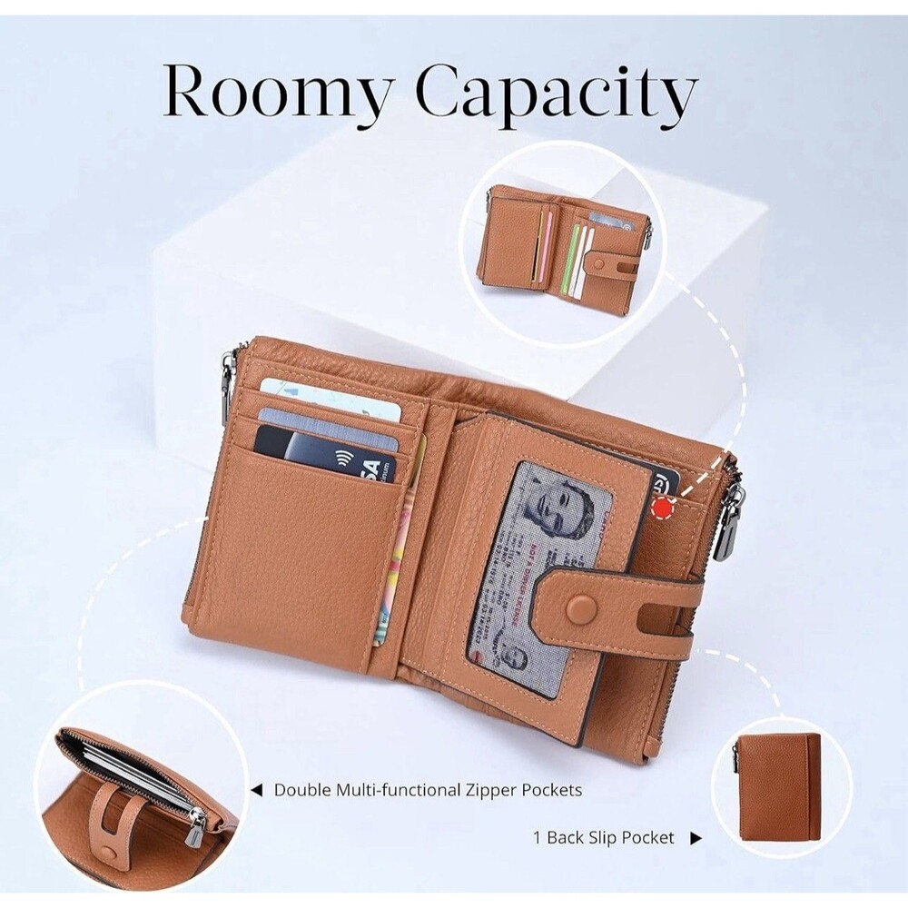 Bveyzi Small Soft Leather Wallet RFID Blocking W/ DBL Zipper Pocket Brown NWT